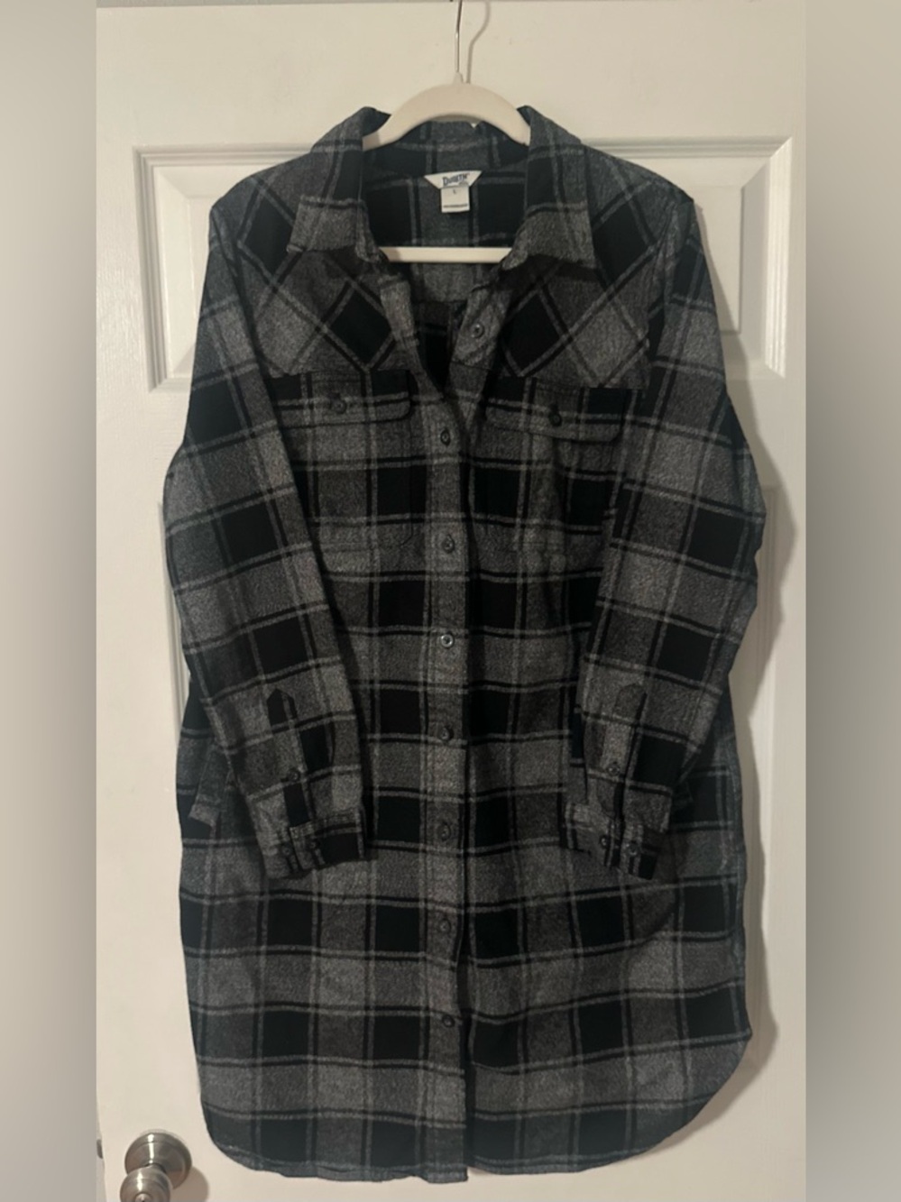 Women’s Duluth Trading Folklore Flannel Button-Up Duster Black Grey Checkered L.